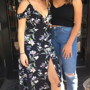 Off the shoulder floral midi wrap dress